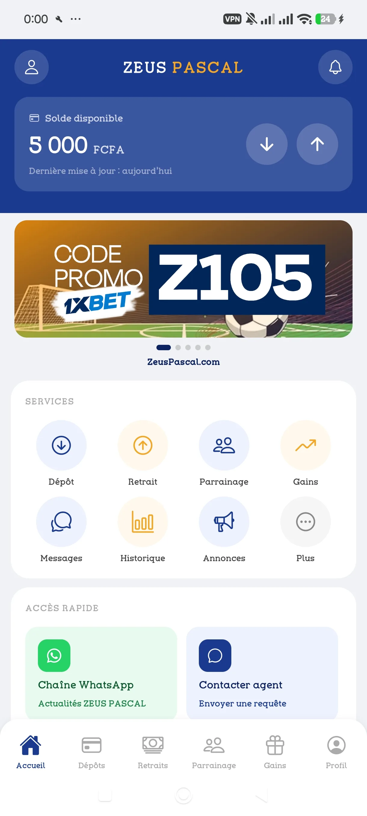Écran d'accueil de l'application ZEUS PASCAL