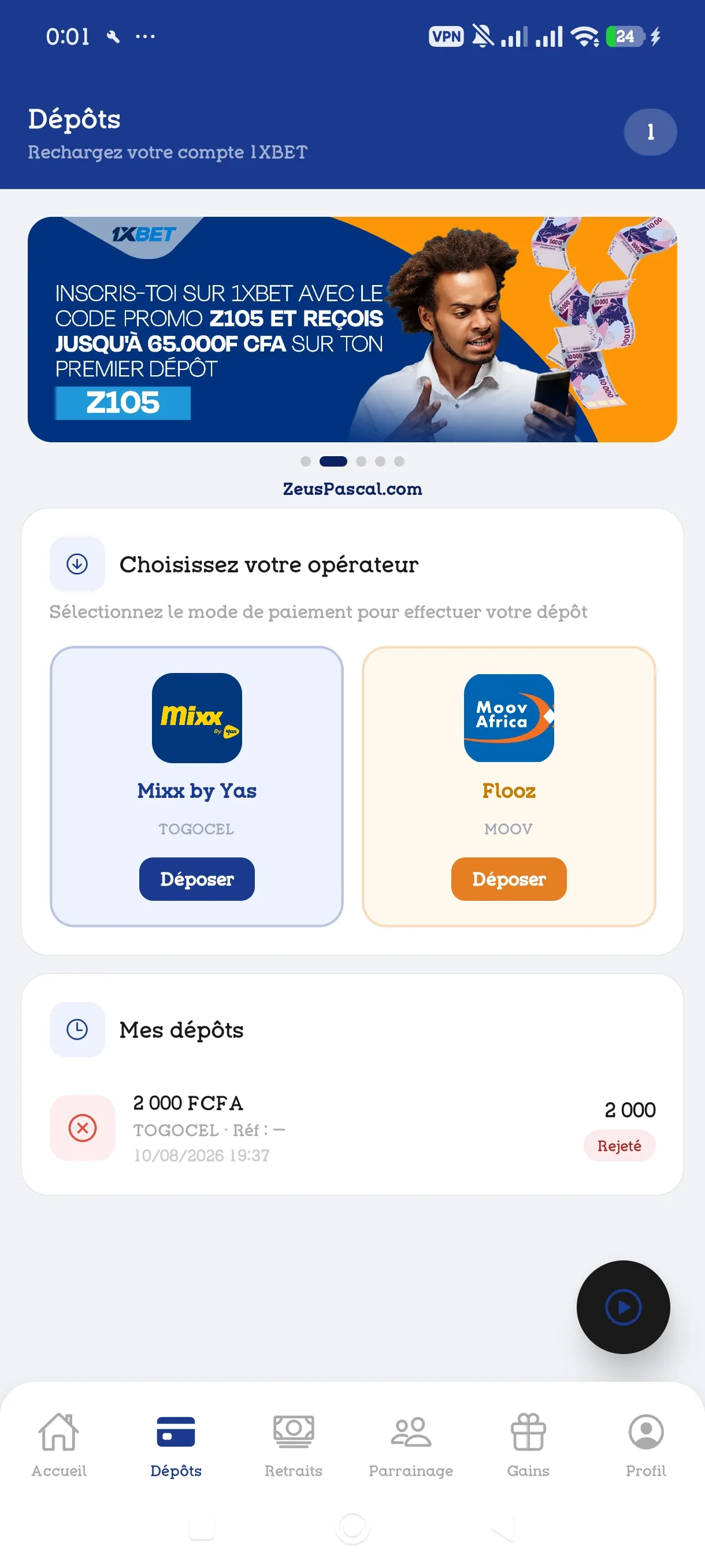 Écran de dépôt 1XBET dans l'application ZEUS PASCAL