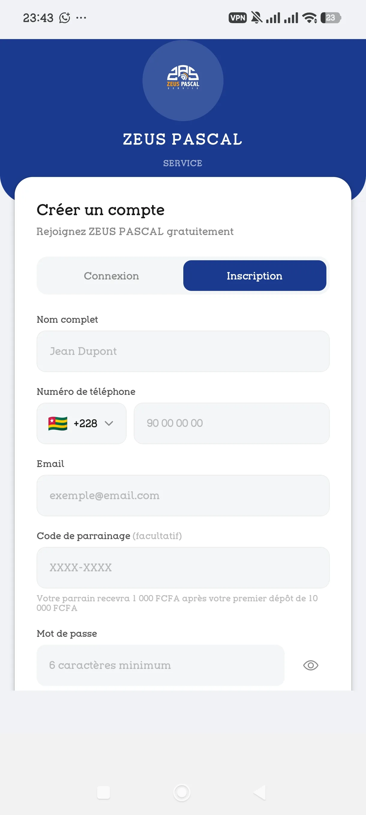 Écran d'inscription de l'application ZEUS PASCAL
