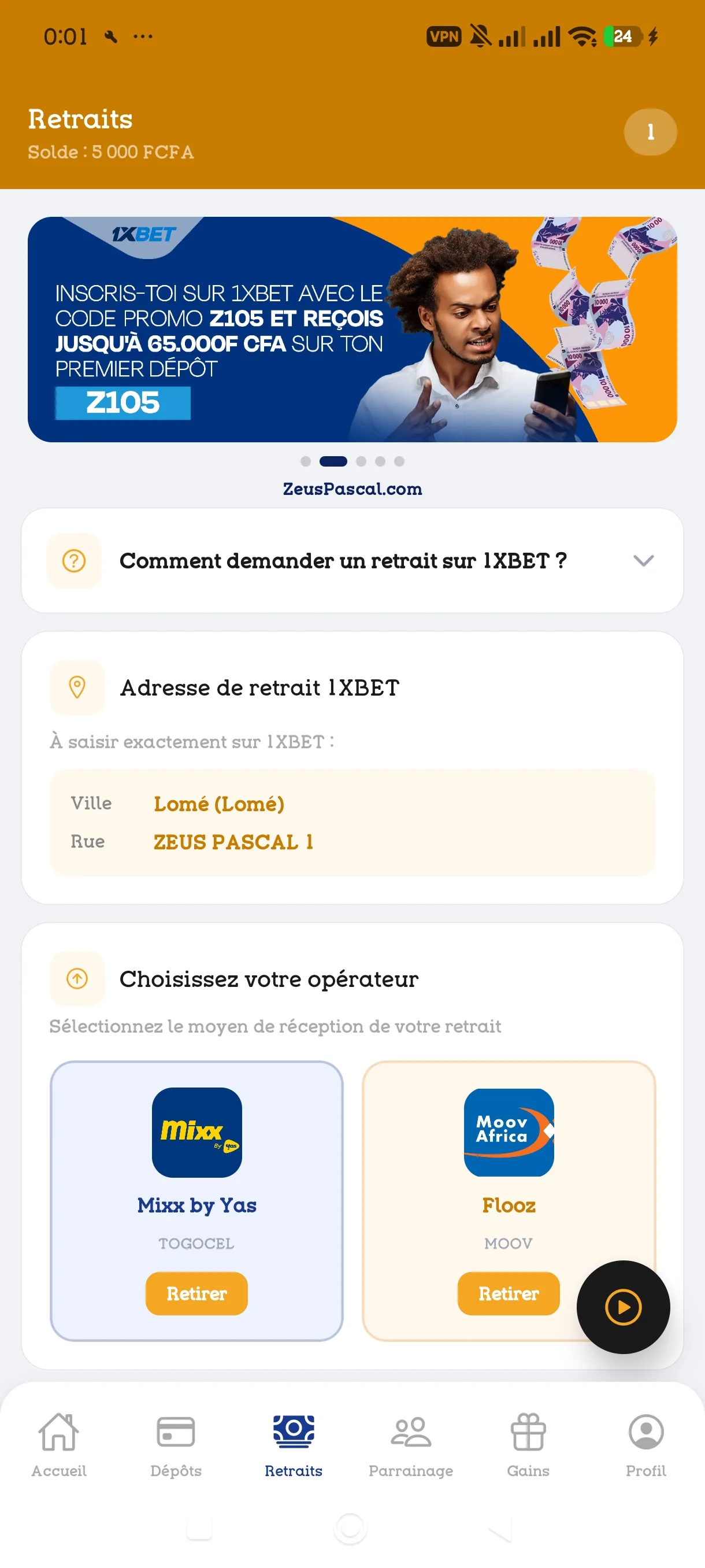 Écran de retrait 1XBET dans l'application ZEUS PASCAL